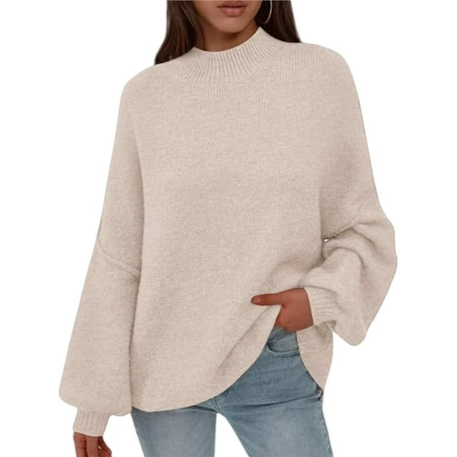 Suéteres de Gran Tamaño para Mujer, Otoño 2025, de Punto Grueso, Cuello Alto, Larga, Informal, Ropa de Invierno. Crema L