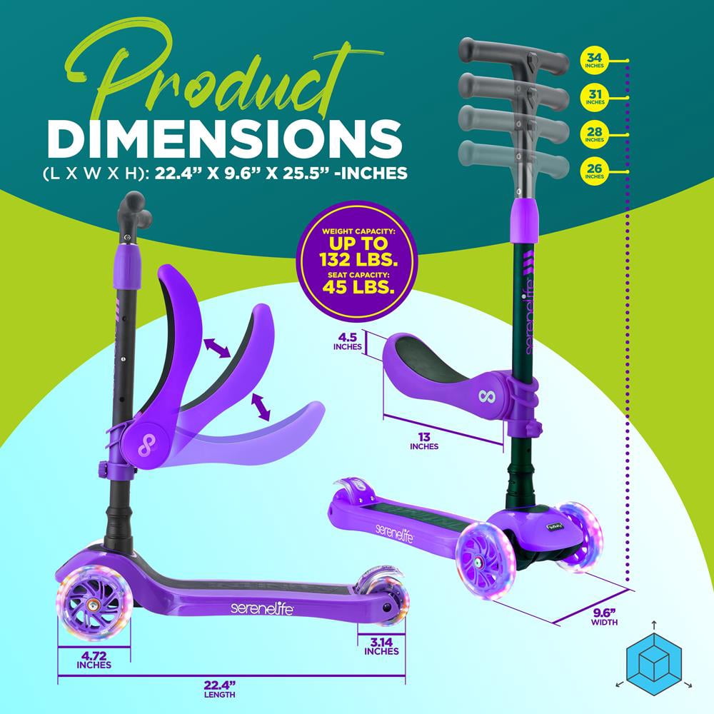 SereneLife 3 Wheeled Adjustable Purple Scooter for Kids - 2-in-1 Sit/Stand Toy Scooters w/ Seat