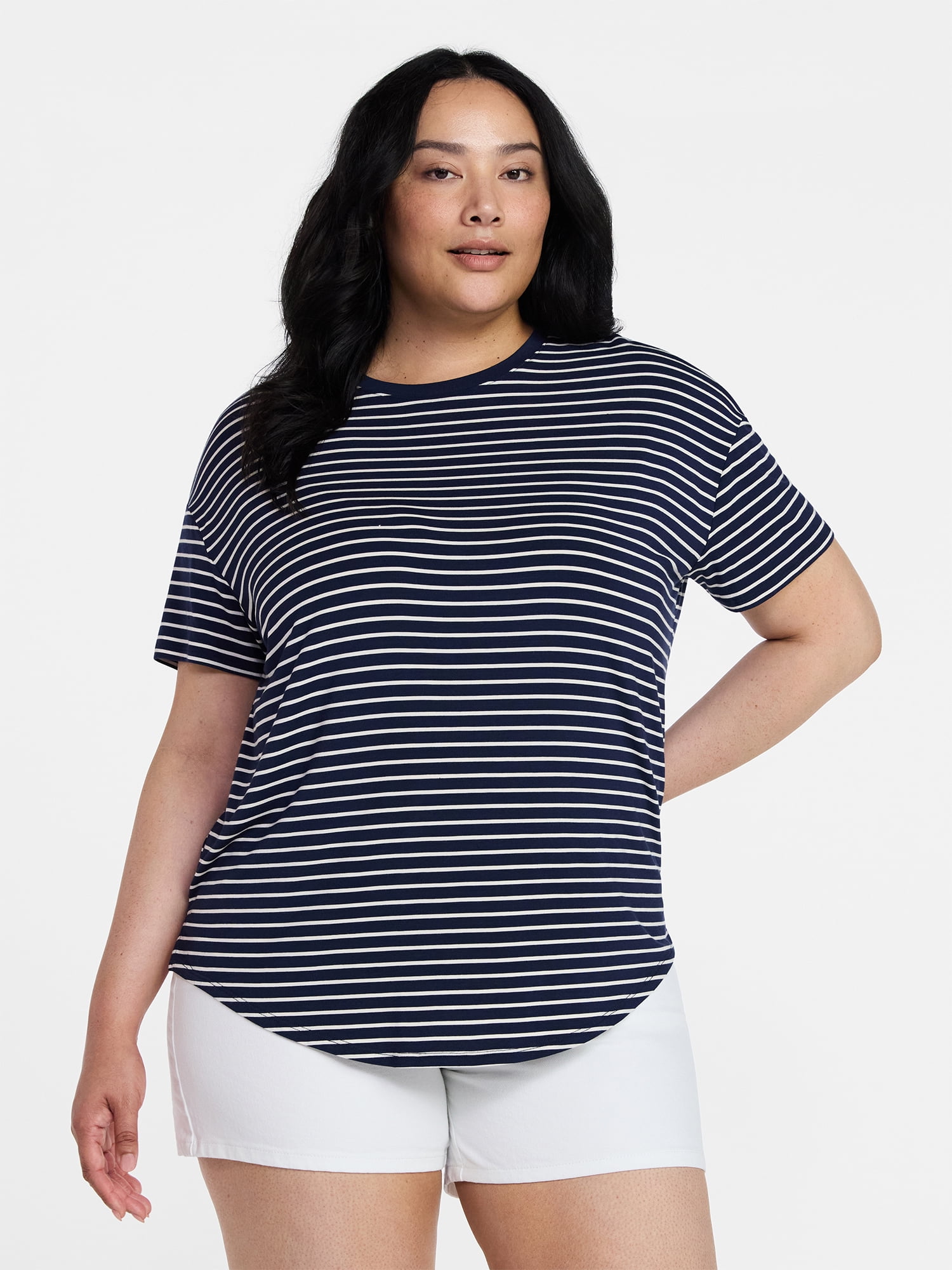 Time and Tru Women's Crewneck Tunic Tee with Short Sleeves, Sizes XS-XXXL