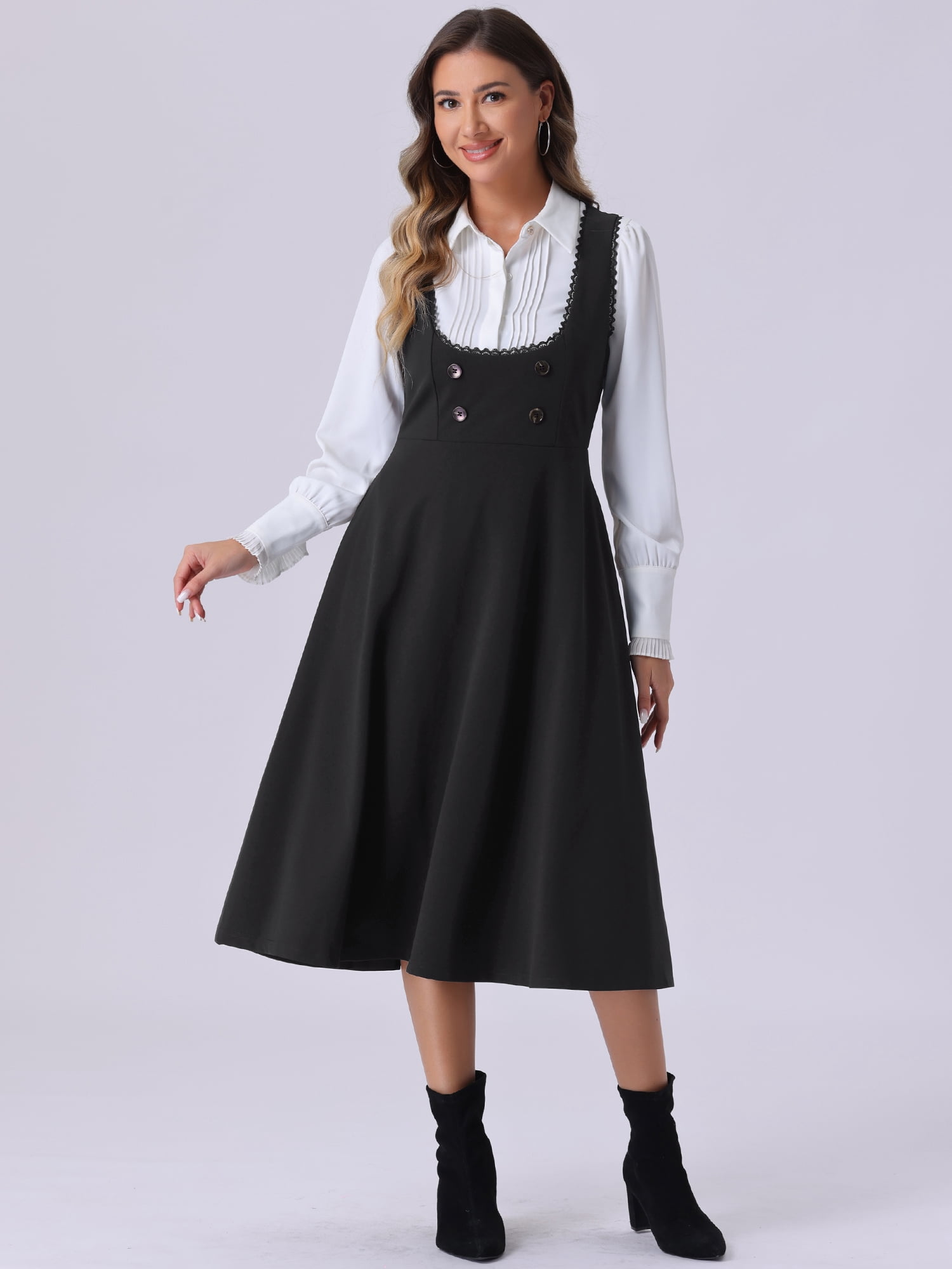 DARING DIVA Women's Lace Trim Button Overalls Midi Vintage Pinafore Dress S Black