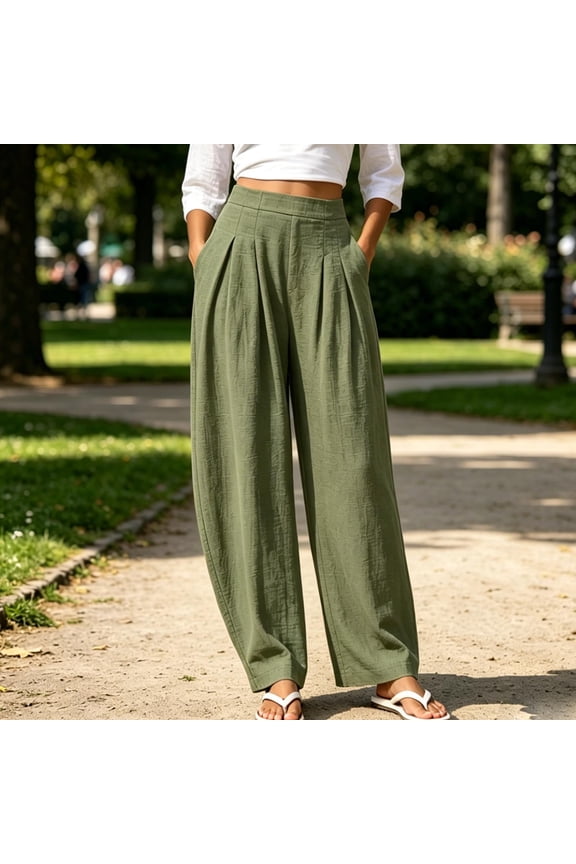Women's Cotton Linen High Waist Pleated Barrel Pants, Front Pleat Flattering Loose Wide Leg, Summer Breathable Flow Trousers for Beach Work Daily Lounging | TruHer,Beige L