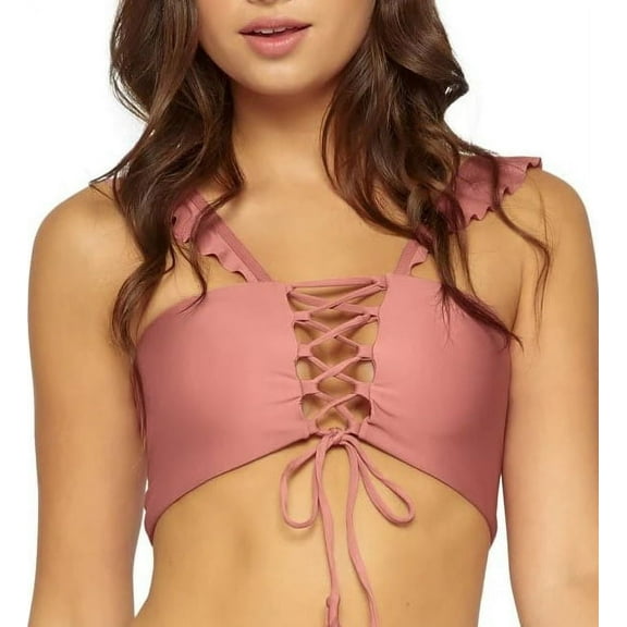 PilyQ DUSTY ROSE Ruffle Lace Up Bikini Swim Top, US Medium