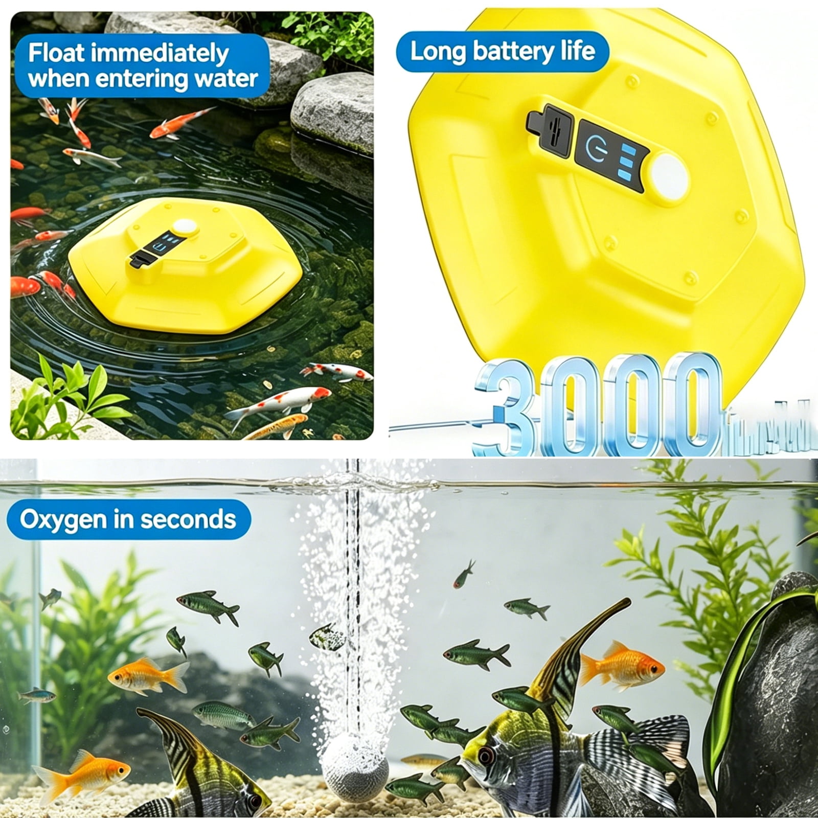 Floating Bait Aerator, Rechargeable Portable Fish Aerator with 3000mAh Battery, Livewell Aerator Pump for Fishing Trips and Fish Tank Use