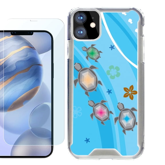 For Apple iPhone 12 Case, iPhone 12 Pro Case, Hybrid Bumper Phone case, with Tempered Glass Screen Protector, by OneToughShield ® - Happy Turtle