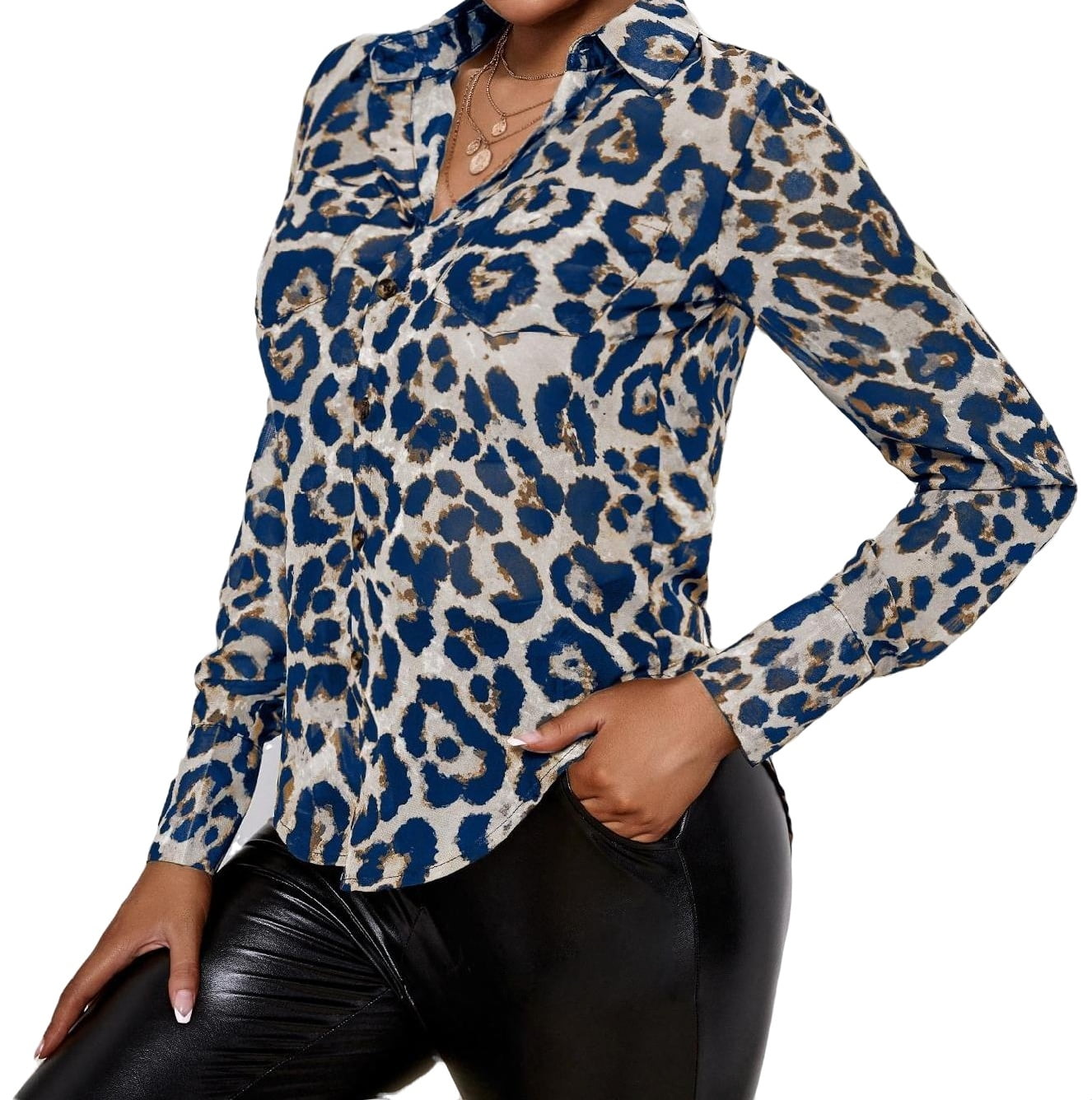 Women s Blouses Leopard Print Collar Shirt Red S Walmart