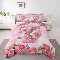 Homewish Girly Pink Monogrammed T Bedding Comforter Set for Women, Valentines Day Twin Comforter Sets, Spring Garden Rose Reversible Bedding Set, Breathable Home Decor, 2-Piece