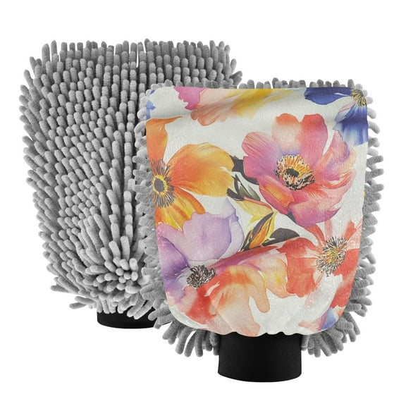 Dual-Sided Car Wash Gloves Car Washing Mitts with Elastic Cuffs Watercolor Flower Painting