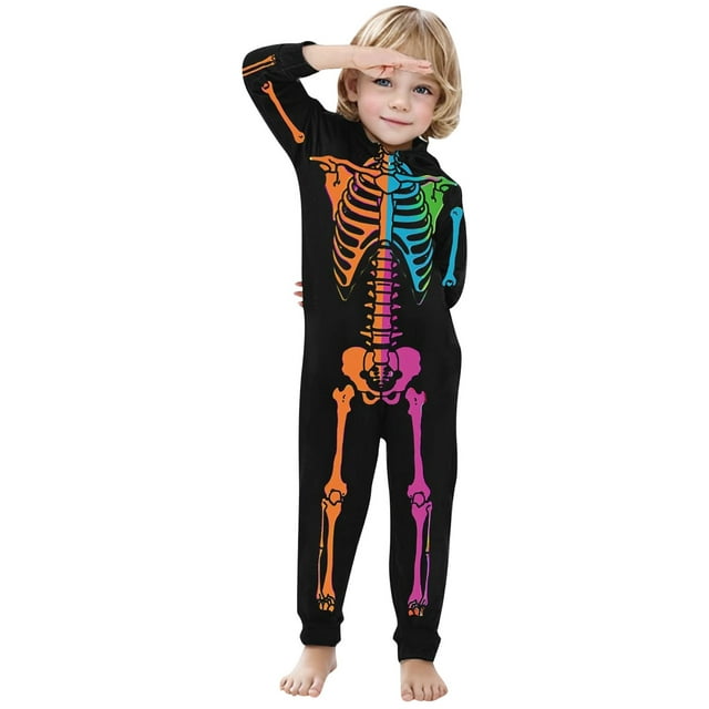 MKLEKYY Pyjama de Noël en Flanelle Parent-Enfant Imprimé Squelette Coloré à Capuche Fermeture Éclair Combinaison Maison (Enfants)