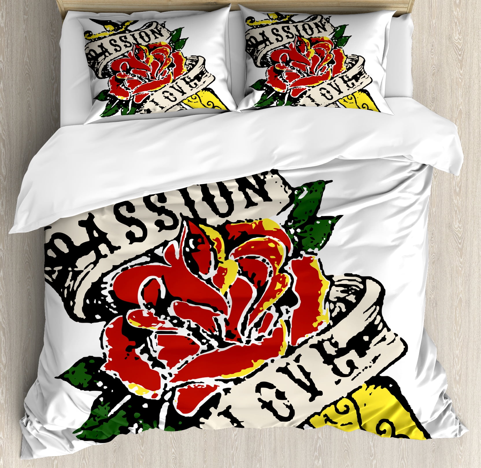 Rose Queen Size Duvet Cover Set Vintage Flower And Dagger In Tattoo Rose Queen Size Duvet Cover Set Vintage Flower And Dagger In Tattoo Art Style Gothic Passion Love Theme Decorative 3 Piece Bedding With 2 Pillow