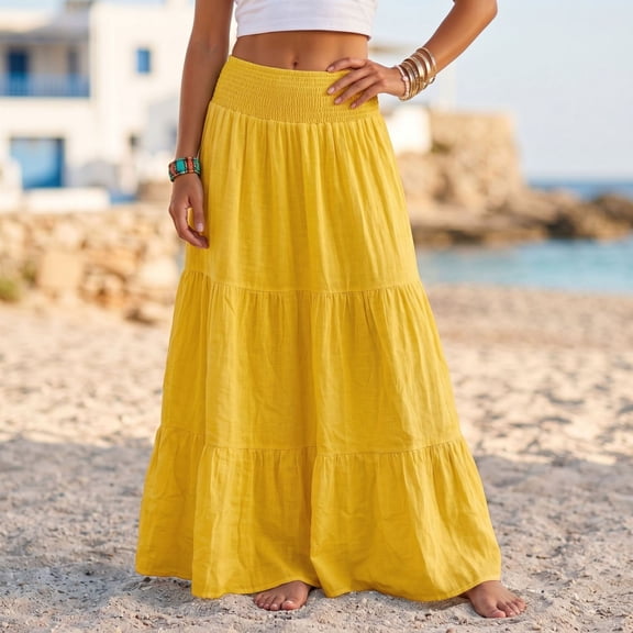 IUYRTFE Women's Tiered Maxi Skirt Cotton Linen Blend Elastic Waist A-Line Long Summer Beach Skirt