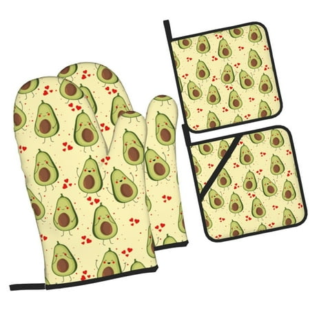 

Haiem Avocados And Hearts Print Extra Long Oven Mitts and Pot Holders 4pc Sets: Heat Resistant Silicone Oven Mittens with Mini Oven Gloves and Hot Pads Potholders