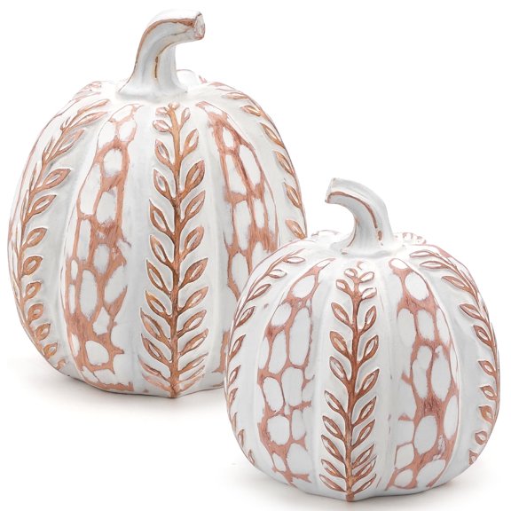 Ayieyill 2pcs Resin Pumpkin Figurines with Leaf Pattern Fall Decor Autumn Decor Thanksgiving Decorations for Home