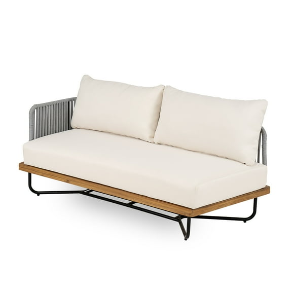 Christopher Knight Home Lucca Outdoor Left-Arm Sofa with Gray Rope Woven Side, Acacia Wood Frame & Cushions, Teak Beige