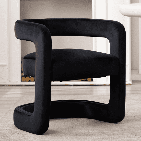 Guyou Modern Barrel Dining Chairs (Set of One), Velvet Upholstered Kitchen Chair Armchair with Open Back and Upholstery, Comfy Accent Makeup Vanity Chair for Living Room Bedroom Kitchen, Black