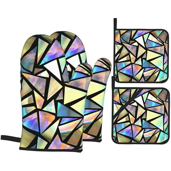 PRIYAL Iridescent Bright Triangles Oven Mitts and Pot Holders Set of 4, Oven Mittens and Potholders Heat Resistant Gloves for Kitchen Cooking Baking Grilling BBQ