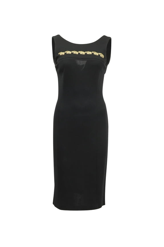 Pre-Owned Escada by Margaretha Ley Sleeveless Elephant Embroidered Dress in Black Rayon