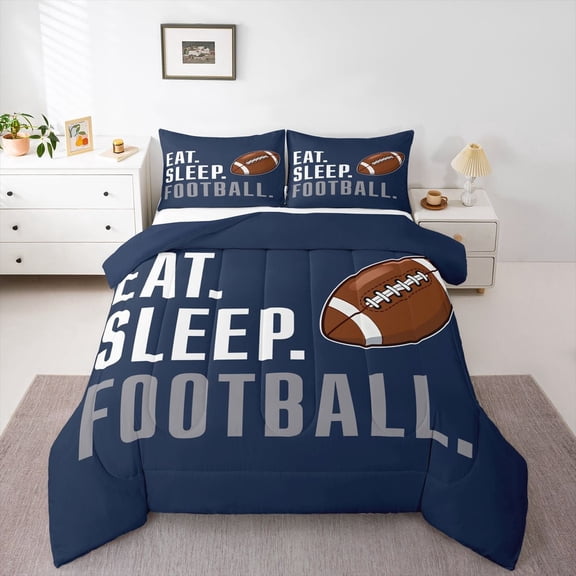 Rugby Comforter American Football Sports Bedding Set Women Men Blue Eat Sleep Football Comforter Set Ball Games Room Decor Twin Size Quilt Set 2Pcs