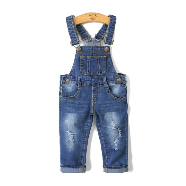KIDSCOOL SPACE Little Girl Boy Ripped Denim Cute Slim Pants Jean Overalls,Deep Blue,3-4 Years