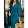 thumbnail image 5 of Women'S Fall Winter Mermaid Cocktail Dresses Long Sleeve V Neck Bodycon Maxi Ruched Waist Dress  Blue XL, 5 of 7