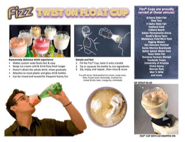 Fizz The Cup On-The-Go Ice Cream Float - Fits Plastic & Glass Soda or Drink Bottles - Leak-Proof Accessories, Tight Seal - Reusable & Portable for Dessert - For Kids & Adults 12-Pack