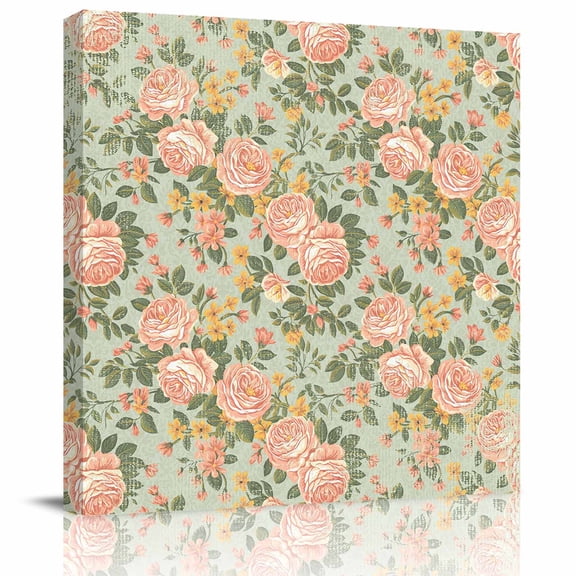 Framed Canvas Wall Art for Living Room Pink Camellia Floral Wall Decor, Vintage Sage Green Flowers Aesthetic Paintings for Bedroom Office Kitchen, Ready to Hang Artwork Wall Pictures 8x8 Inch