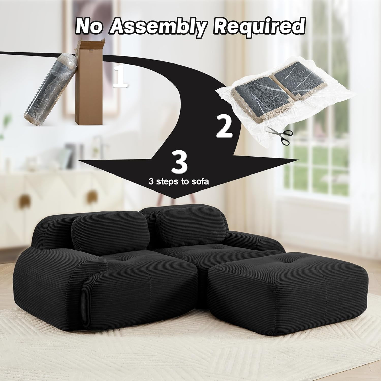 Howcool 80" Modern Corduroy Boneless Love Seat Couches with 1 Ottoman,2 Seater Large Sectional Couches for Living Room,Cloud Modular Sectional Sofa,Memory Foam, Extra Deep Loveseat,No Assembly,Black