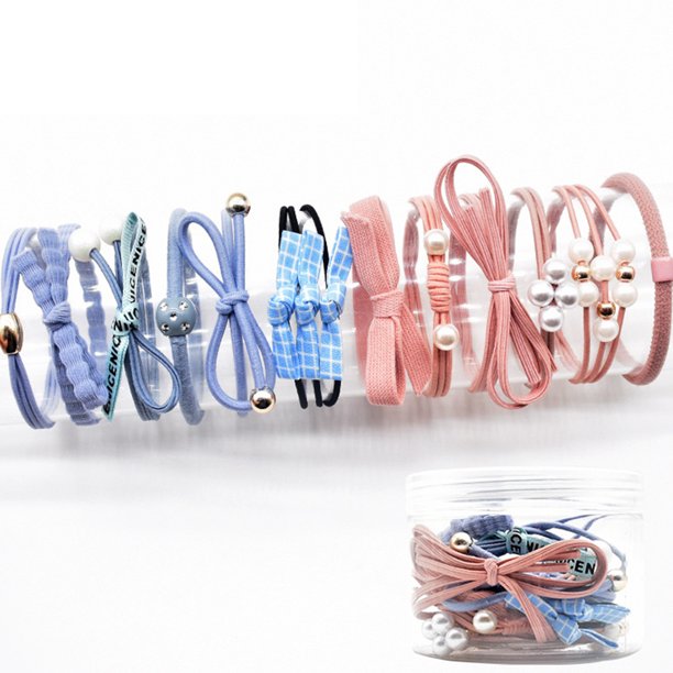 Juego de 12 Ligas para Cabello con Estuche, Colores Rosa y Azul, Estilo Dulce y Moderno, Accesorio Perfecto para Todas las Ocasiones, Material de Goma y Tela, Ideal para Coletas.
