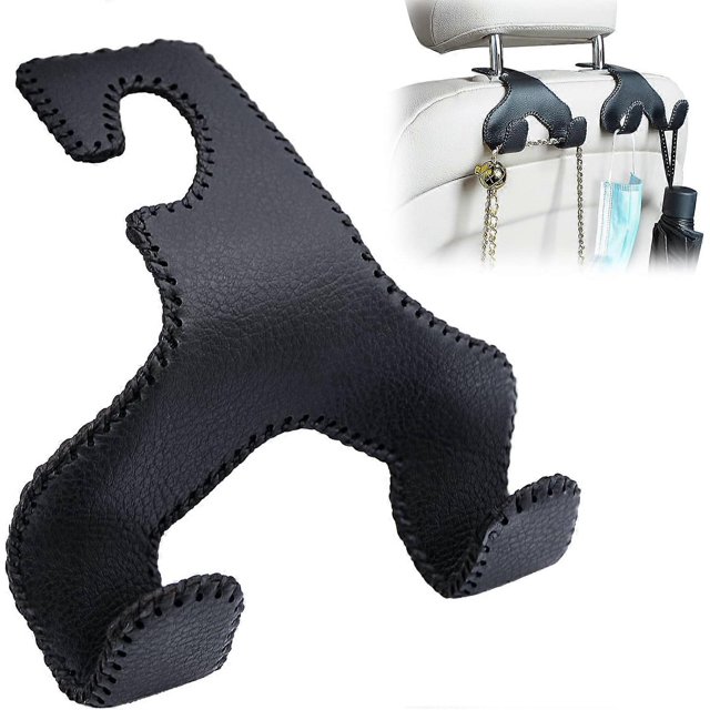 Car Leather Headrest Hooks, Seat Back Organizer Hooks for Hanging Grocery Bags 1 Pack Black
