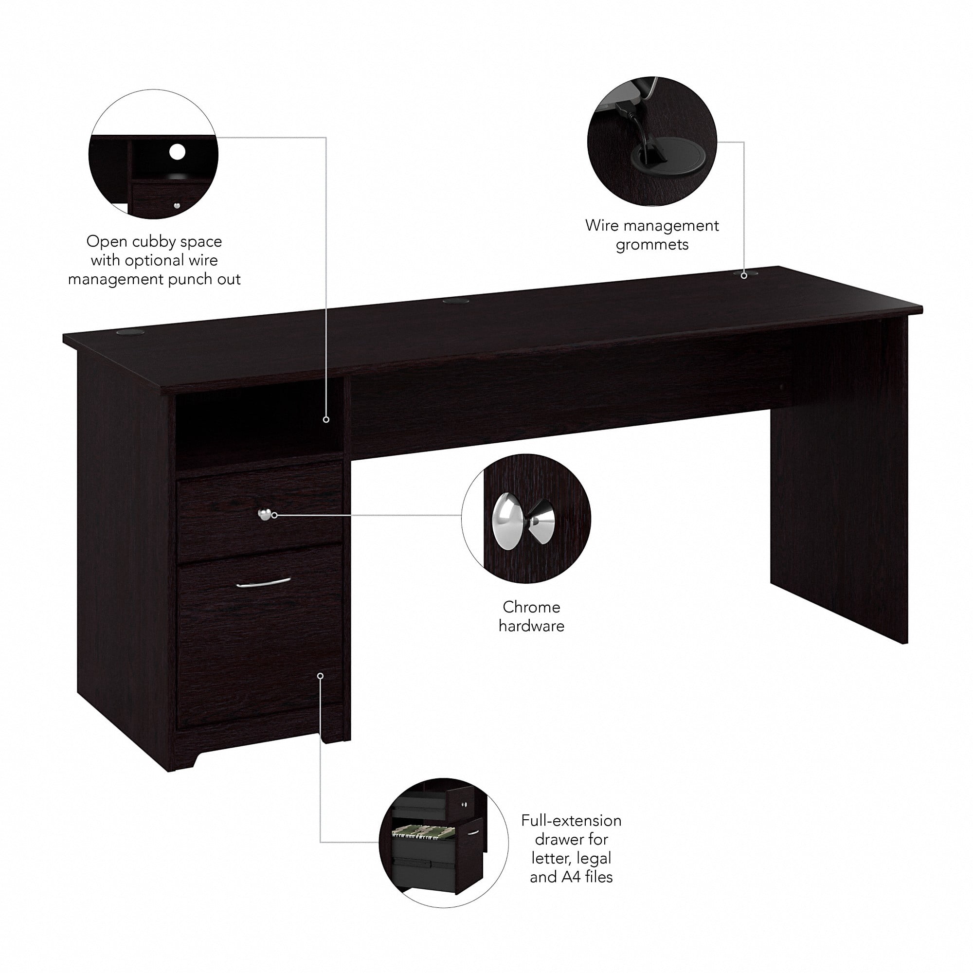 Bush Furniture Cabot 72" Computer Desk with Storage, Espresso Oak