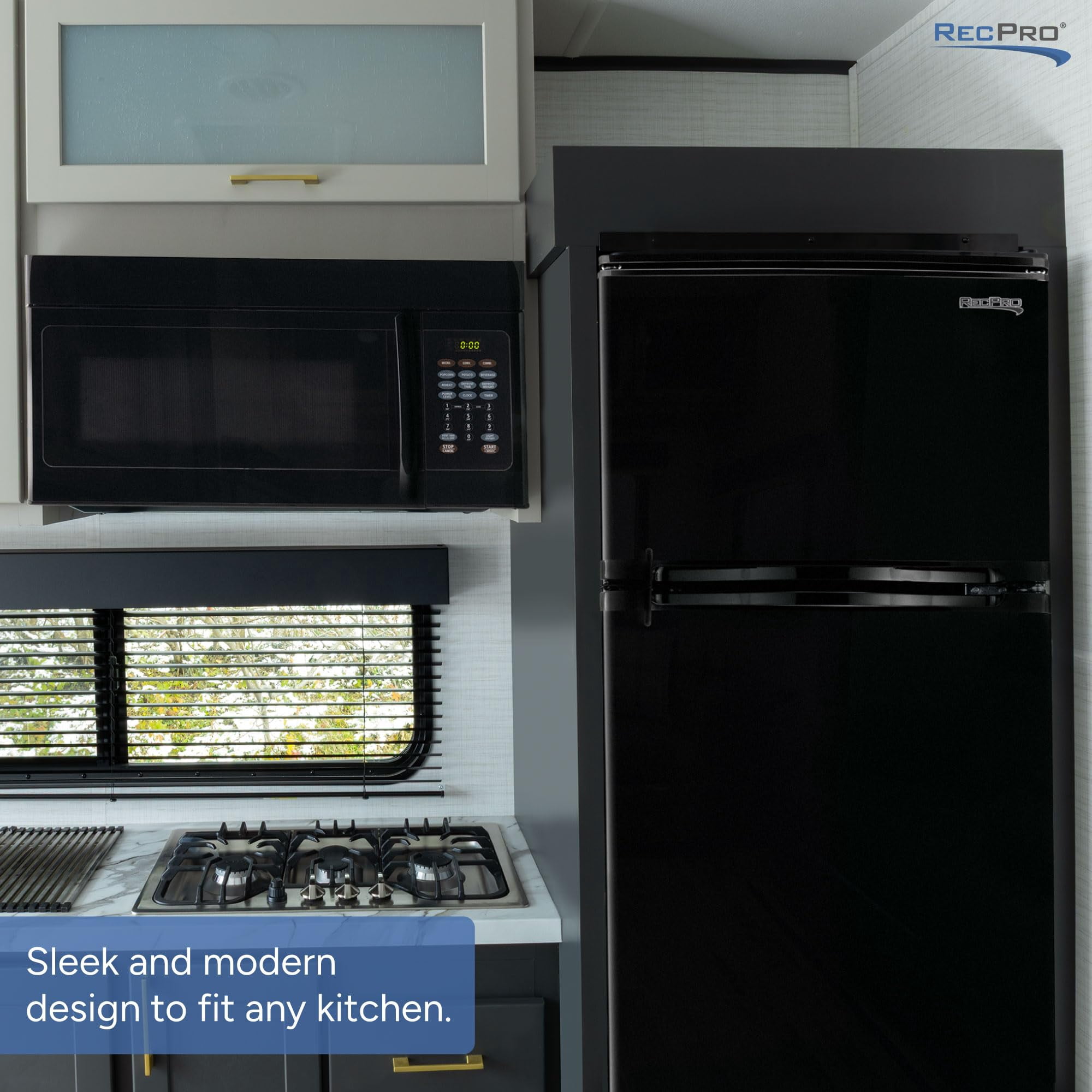 RecPro 4.4 Cu Ft 12V RV Refrigerator with Freezer | Frost-Free, Black Finish | Adjustable Shelves, Reversible Door, Built-In Lock | Off-Grid Camper Fridge | 19.5”W x 23.5”D x 43.5”H