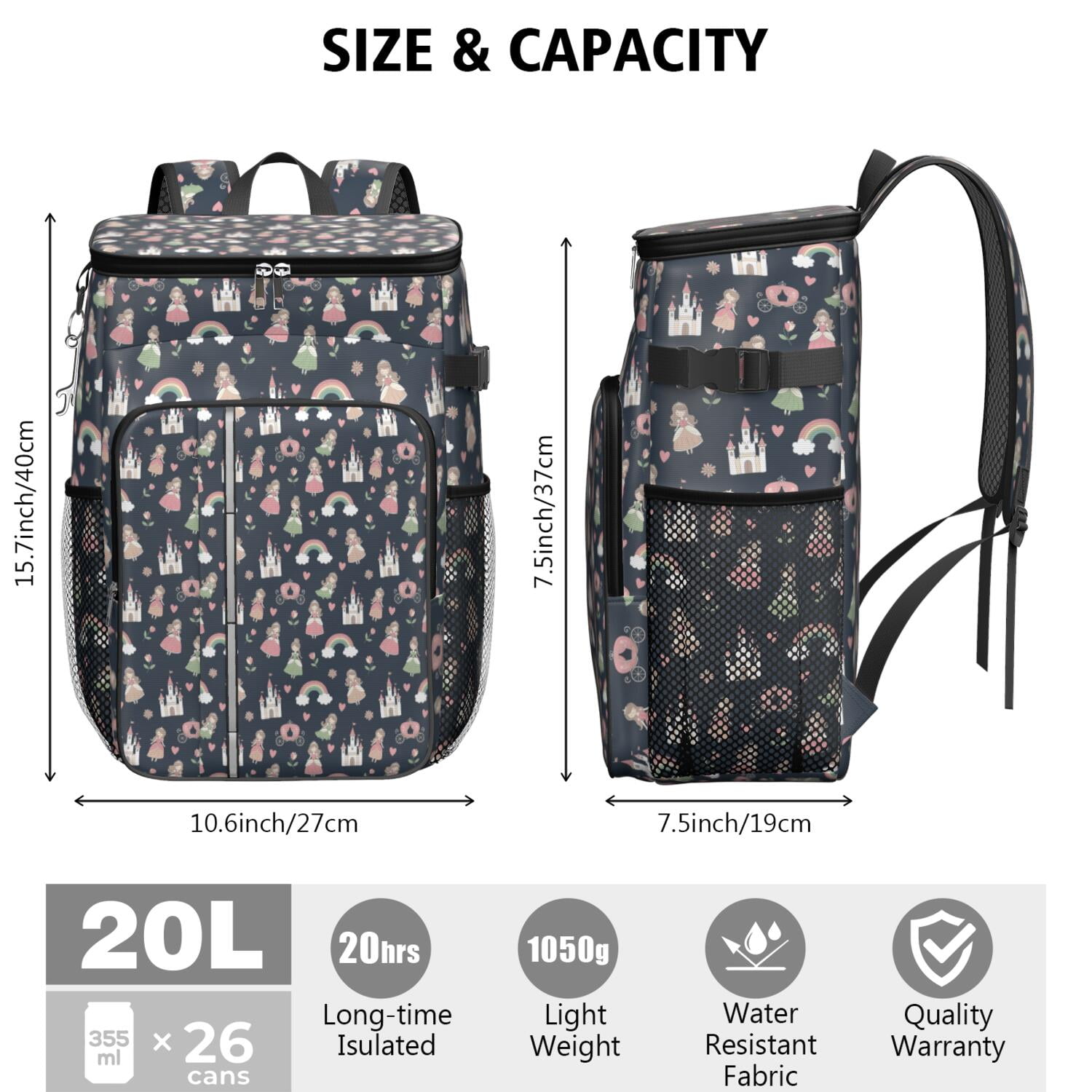Travel Cooler Bag - Princess Castle Rainbow Pattern Camping Beer Cooler Backpack with Bottle Opener- Waterproof Insulated Picnic Backpacks - Cooler Bag for Beach