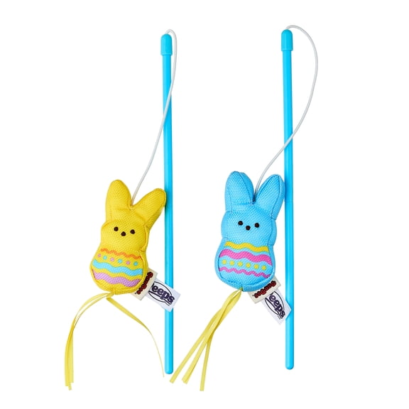 PEEPS® Easter Set of 2 Bunny Cat Wand with Plush Cat Toy, Blue/ Yellow