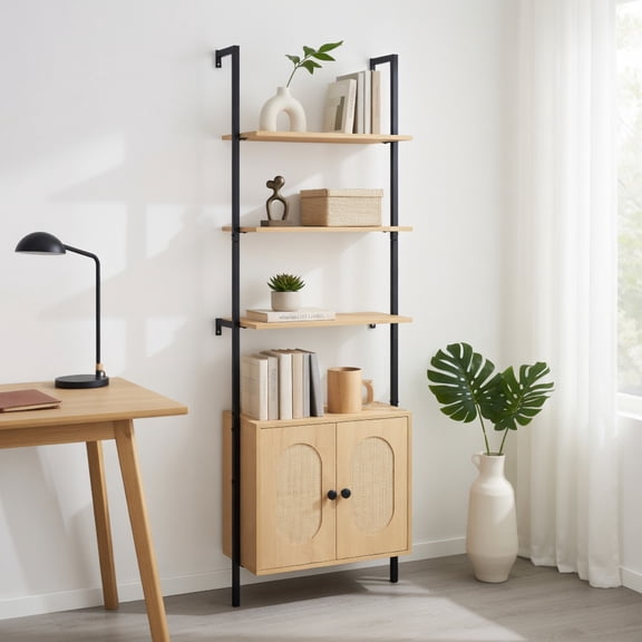 Demi Bonn 6-Tier Wall Mounted Ladder Bookshelf with Rattan Cabinet, 71" Free Standing Bookcase, Beige