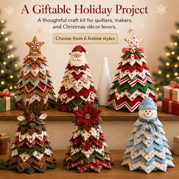 DIY Quilted Santa Christmas Tree Kit, Handmade Fabric Patchwork Ornament, Holiday Table Decor, Adult Sewing Craft Kit, Snowman Layered Tree, Quilting Gift,Snowman