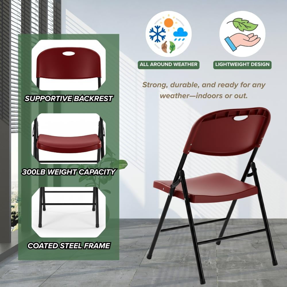 CYCLONE S·O·U·N·D Heavy Duty Plastic Foldable Chair for Adults, Portable Folding Chair for Patio, Backyard, Party, or Wedding — Comfortable Stackable Outdoor Chair, Red (2 Pack)