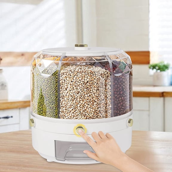 Rotatable Dry Food Dispenser, 6 Grids Rice Grain Containers Kitchen Storage Bucket Holder for Pet Food Beans Grains Snacks Candy Organization White