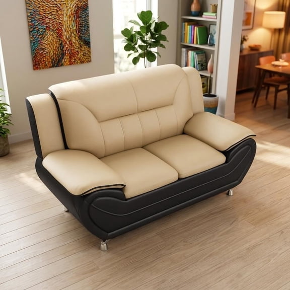 Camel Faux Leather Sofa with Cushioned Armrests and Steel Legs, 61 Inch Couch, 1 Pack