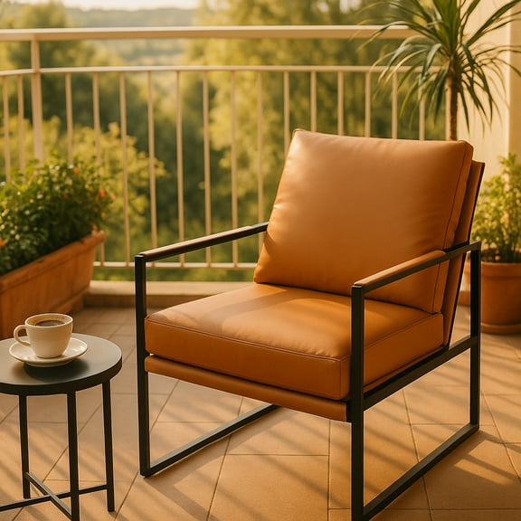 StoneCreek Accent Chair, Modern Armchair with Metal Frame, Leather Single Sofa Chair with Thick Padded Backrest, Upholstered Lounge Chair for Living Room, Bedroom, Warm Amber Khaki