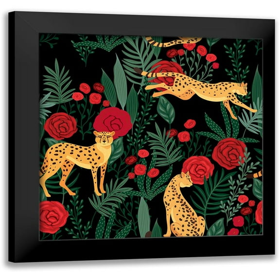 Allen, Kimberly 12x12 Black Modern Framed Museum Art Print Titled - Leopard and Roses Pattern