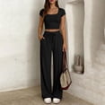 thumbnail image 6 of Women's Summer 2 Piece Matching Lounge Sets Short Sleeve Crop Tops Wide Leg Pants Airport Travel Outfits Black M(M), 6 of 7