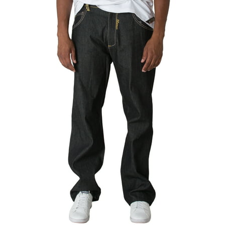 Blanco Label Men's Relax Fit Raw Black Denim Jeans, Printed Back (Best Black Raw Denim)