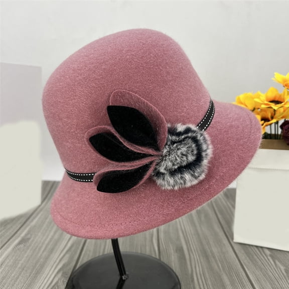 Women's Dome Fedoras Hat Winter Autumn Warm Pompom Jazz Bowler Hat - Elegant Vintage Ladies Church Cap Pink One Size