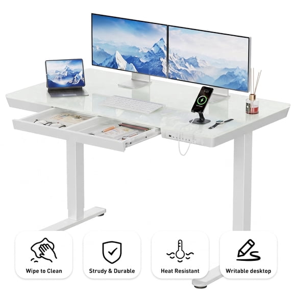 CHITOOMA Glass Top Electric Standing Desk with Drawer, 48'' x 24'' Electric Height Adjustable Desk with USB Charging Ports, Sit Stand up for Home Office