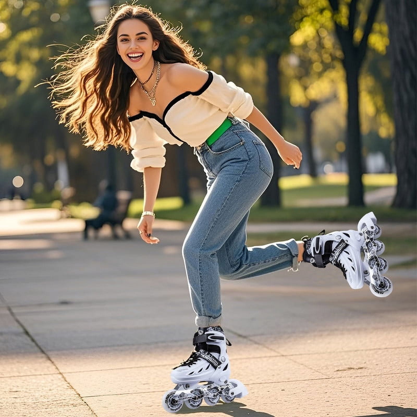 LPAMEOIU Youth Inline Skates with Light-Up-Wheel,Adjustable-Size Roller Skates for Girl Boy Teen(White,M)
