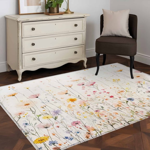 3'x5' Area Rugs, Spring Flowers Indoor Outdoor Area Rug for Living Room Bedroom, Watercolor Wildflowers Farmhouse Floral Washable Bathroom Rugs Kitchen Floor Carpet Mats Home Decor Aesthetic