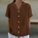 thumbnail image 2 of Camisa de manga corta con cuello en V y botones para mujer, top informal con estampado liso, mezcla de poliéster y elastano, largo regular para uso diario, sopatenor, 2 of 8
