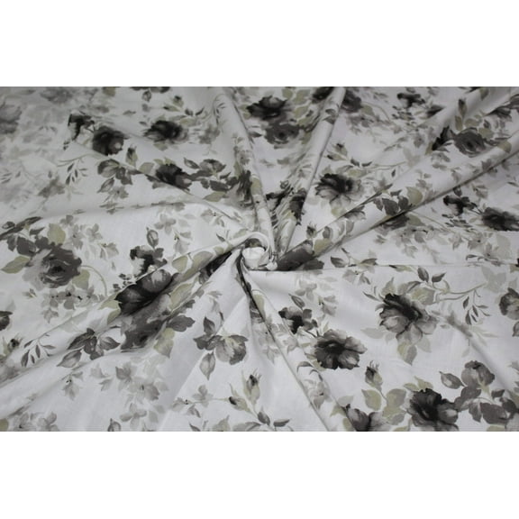 100% linen beautiful black grey and white floral print fabric 58" wide [9907]