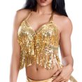 thumbnail image 2 of Felirenzacia Women's Sequined Tassel Fringe Halter Tank Top, Belly Dance Sparkly Glitter Camisole, Gold,Free Size, 2 of 8