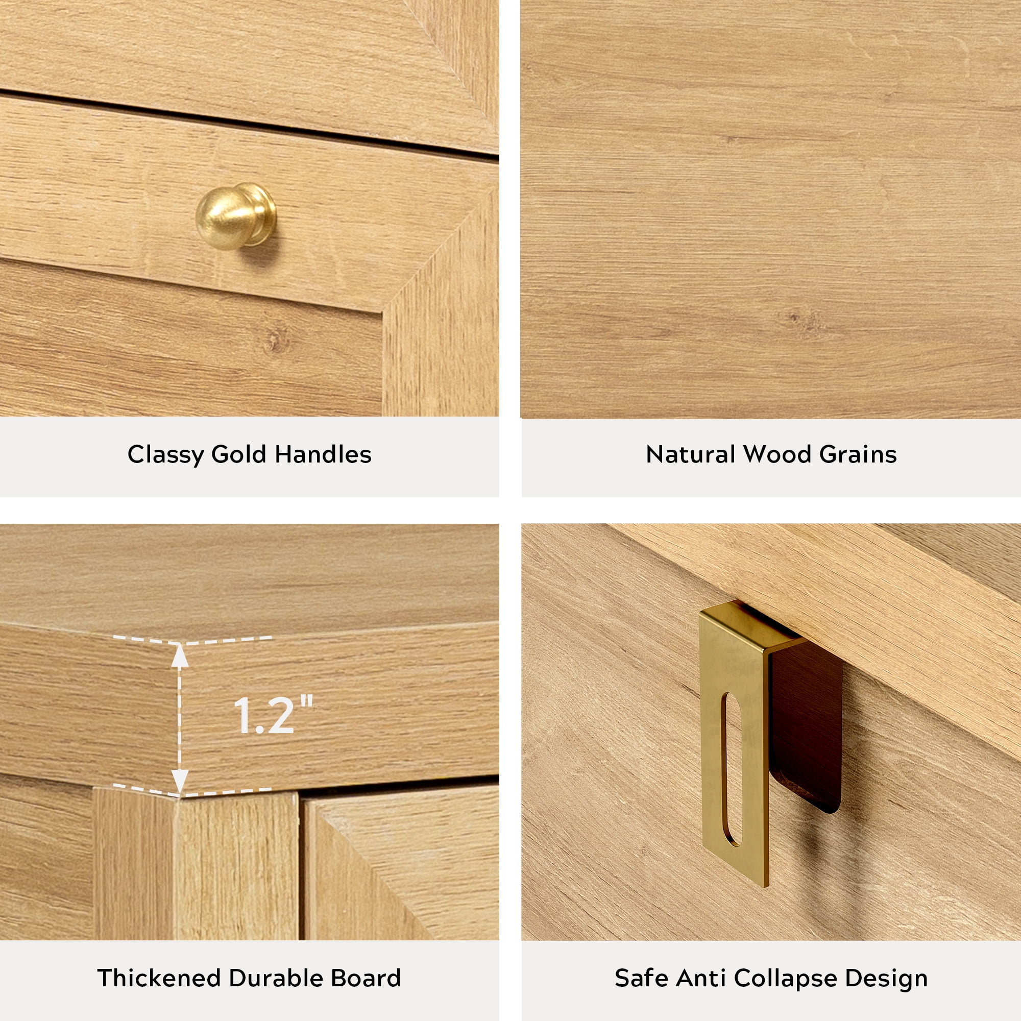 EYYTHUNG Modern 6-Drawer Storage Dresser for Bedroom, Chest of Drawers with Golden Handles, Cabinet Side Table, Natural Oak