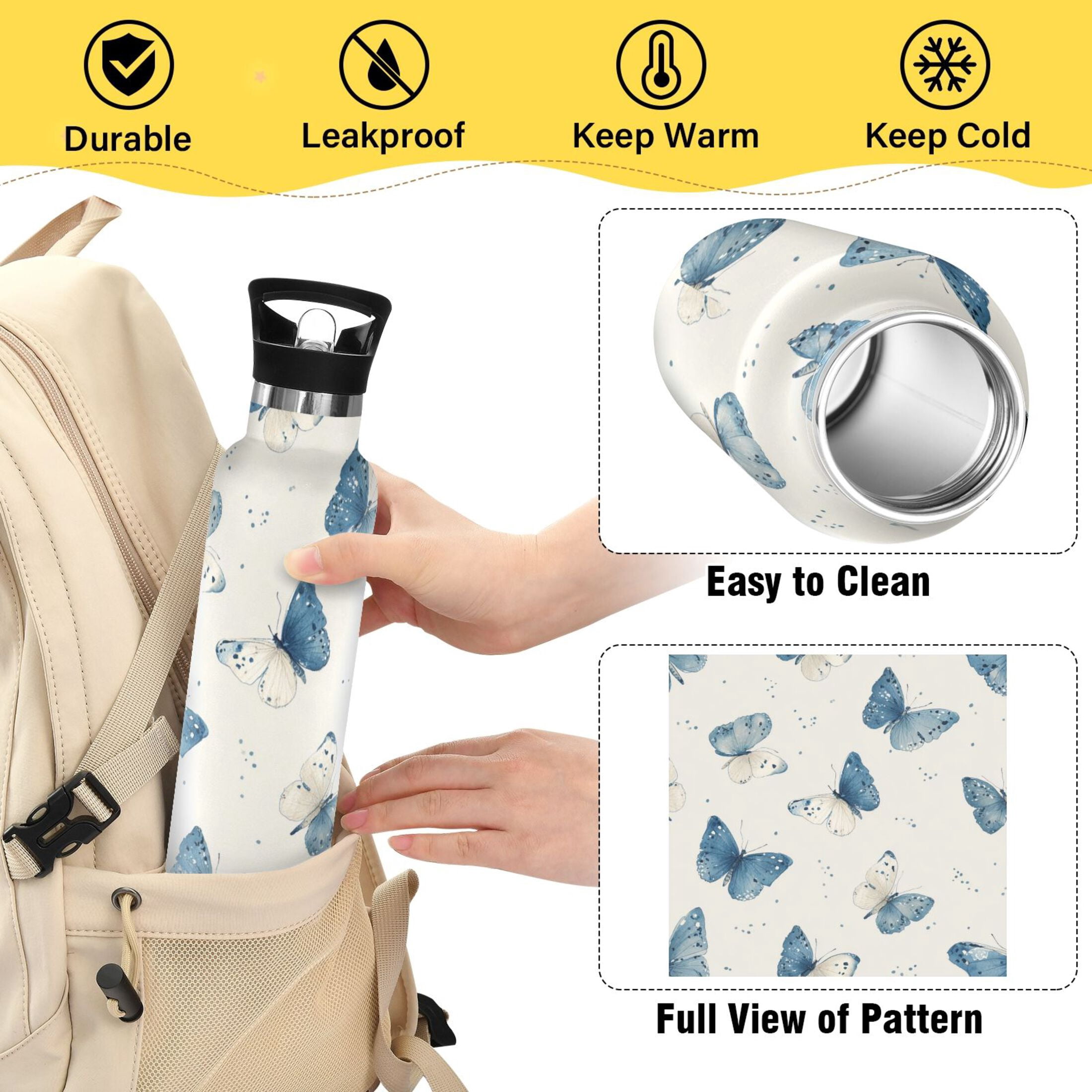 Kids Insulated Stainless Steel Sports Water Bottle 600ml (20oz) Blue Watercolor Butterflies